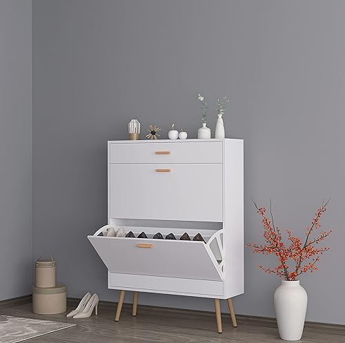 Miniatura 4 de Karl home Zapatero de entrada estrecha zapatero independiente con 2 puertas abatibles 1 cajón organizador de almacenamiento oculto de madera