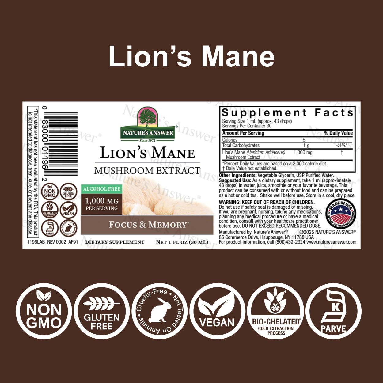 Nature's Answer Lion's Mane, Mushroom Extract, Alcohol Free, 1 fl oz (30 ml) - Image 2