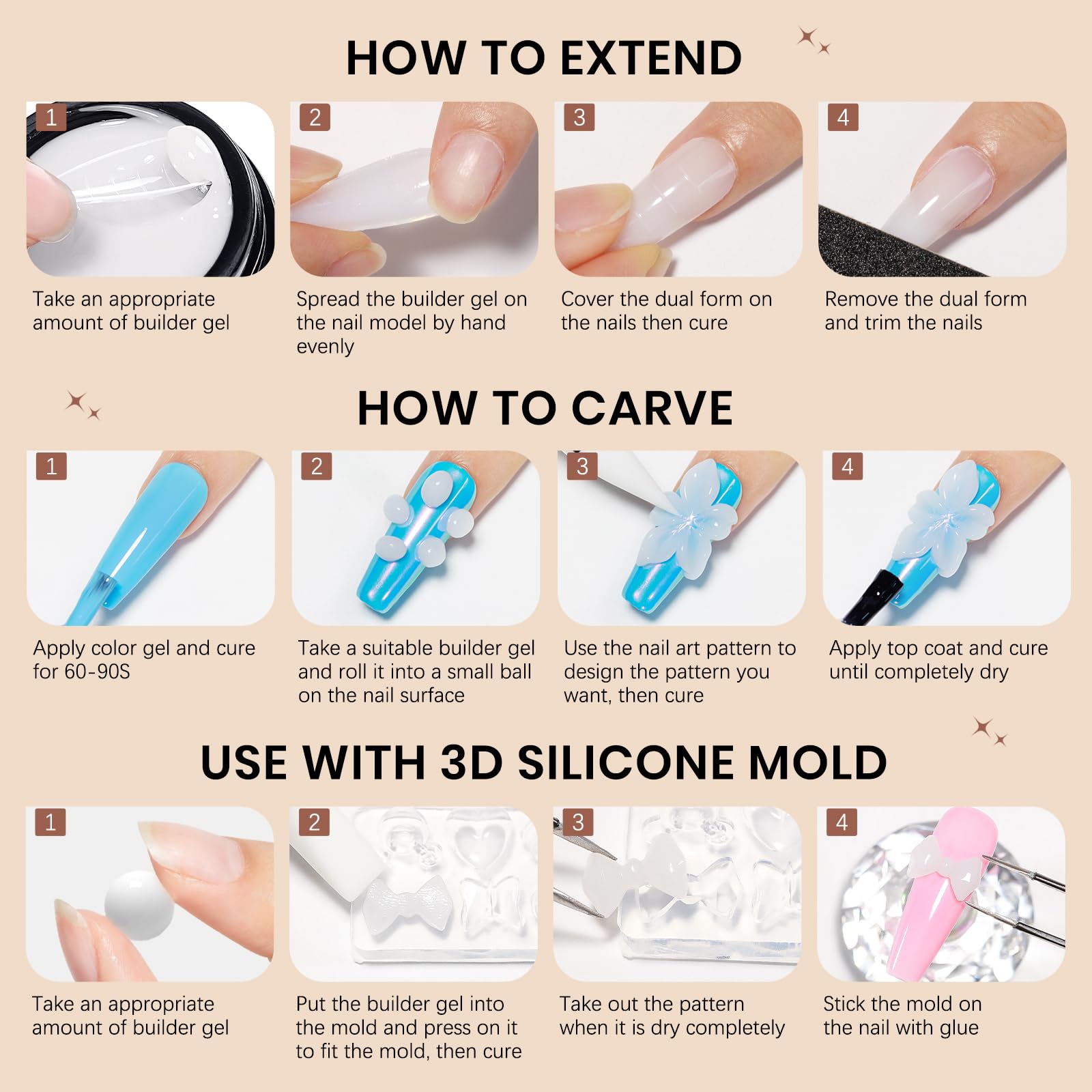 SUPWEE Żel 3D Nail Art do paznokci, żel scuplting z wzorem biały | Nieklejący, solidny żel budowlany z wzorem pędzla do paznokci, tłoczenie, twardy salon "zrób to sam" w domu, 14 g