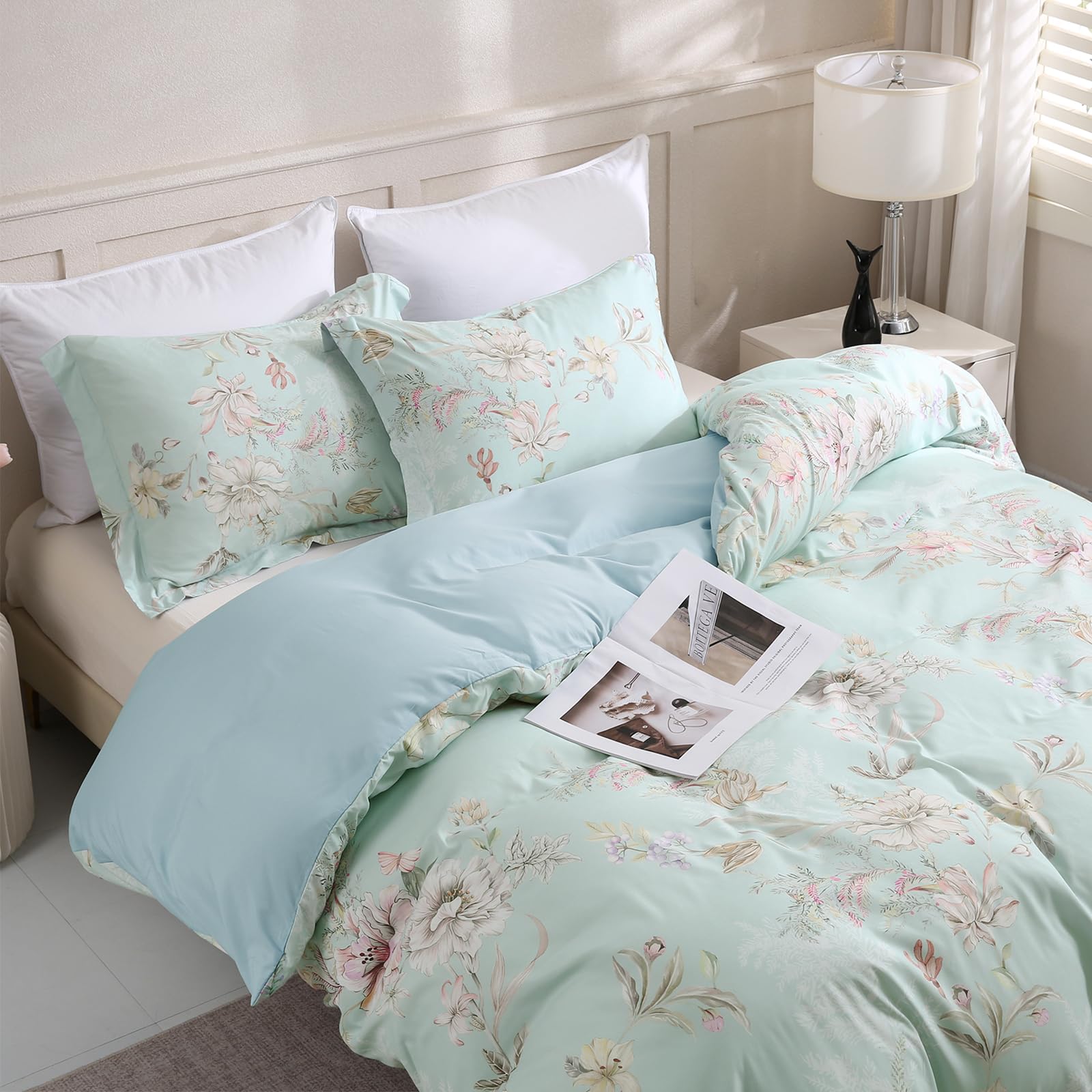 LONAVA Queen Flower 3 Pcs Duvet Cover Set, Breathable Soft Microfiber Light Blue Lining Comforter Cover with Zipper Closure, and 2 Anti-Pilling, Fade