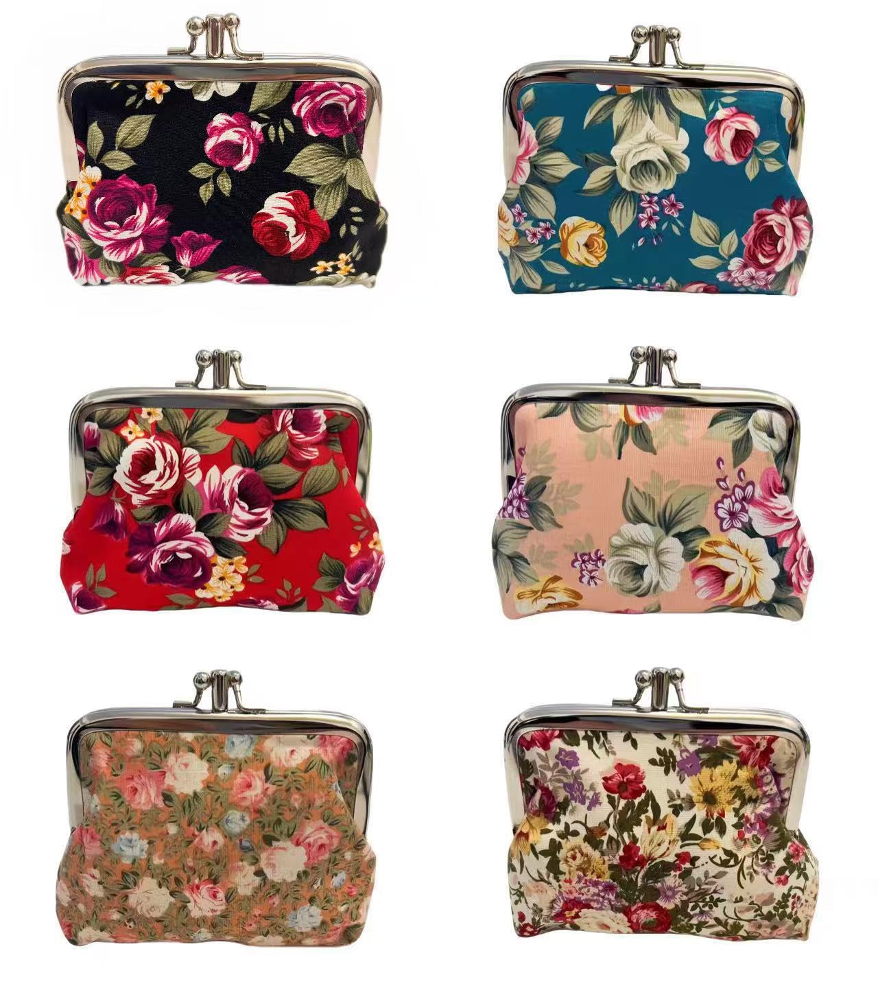 YYHDTYFY 6 Pcs Cloth Double-Layer Floral Rose Flower Coin Purse Change Organizer Kiss Lock Change Purse Vintage Trinkets Pouch Women Wallet Cute
