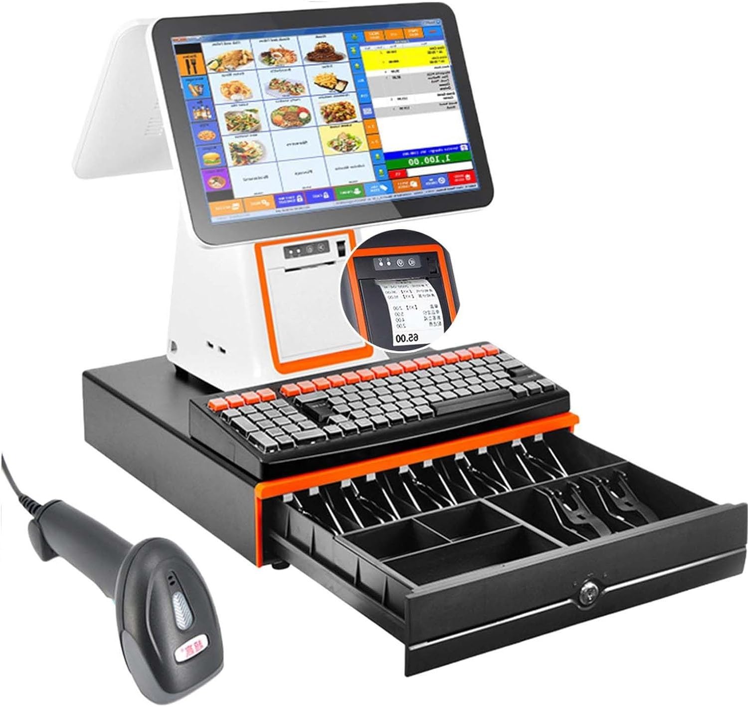 Registratore di cassa compatto multifunzione con stampante integrata | Schermo touch da 15,6 pollici con doppio display, 8G+128GB, per ristoranti, supermercati e negozi al dettaglio