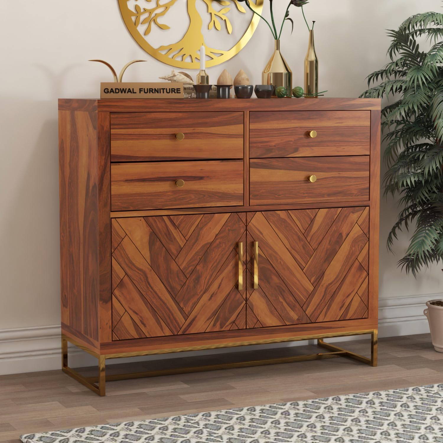 Solid Sheesham Wood Wooden Cabinet Chest of Drawers Sideboard with 4 Drawers and 2-Door Storage (Honey)
