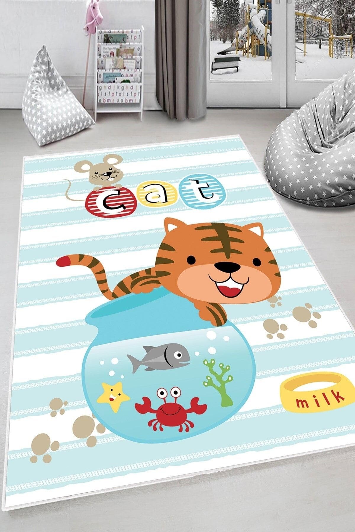 Pelangi Mavi Kedi Desenli Yıkanabilir Kaymaz Taban Leke Tutmazbebek Ve Çocuk Odası Halısı, Mavi 100 x 250