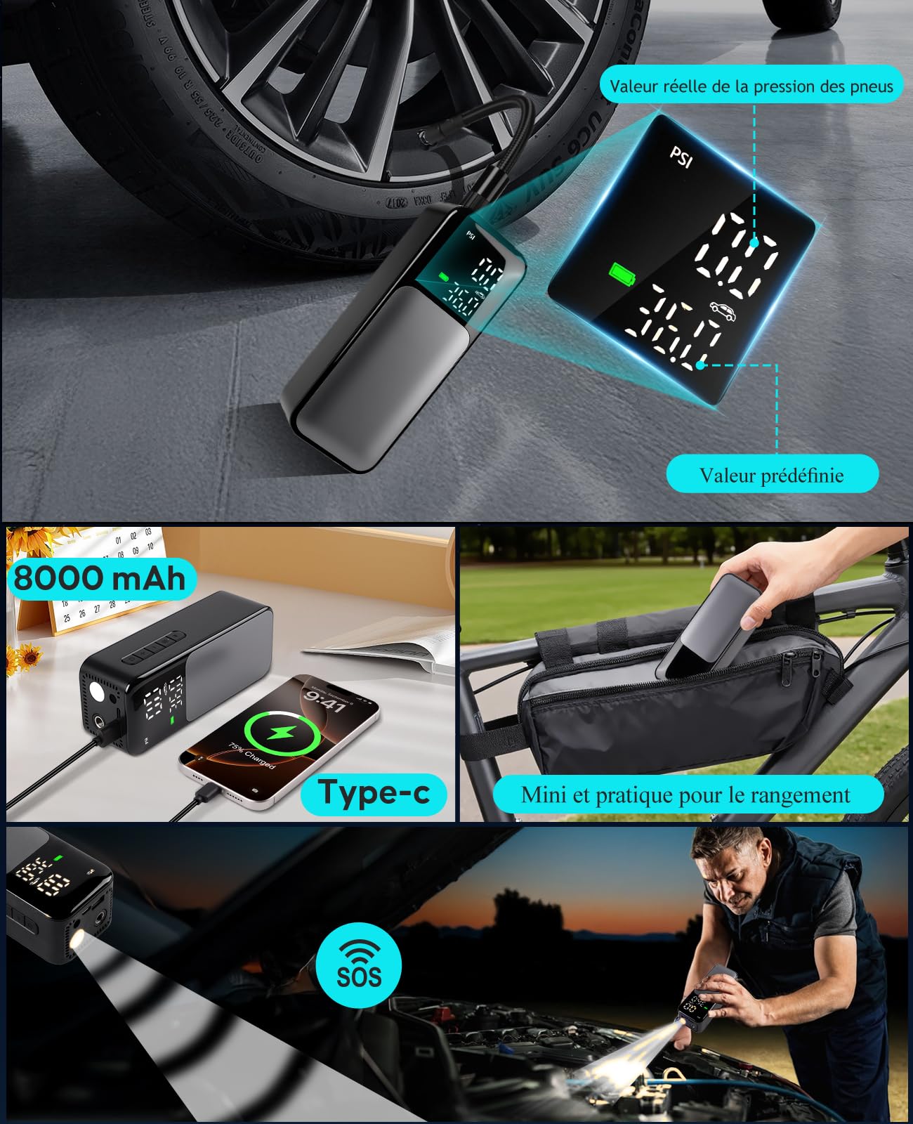 Gonfleur Pneus Voiture Sans Fil 80W Compresseur à Air Portatif Voiture 150 PSI 8000 mAh Gonfleur Electrique, Pompe a Velo, Inflation Rapide, Arrêt Automatique, LED, Pompe pour Moto