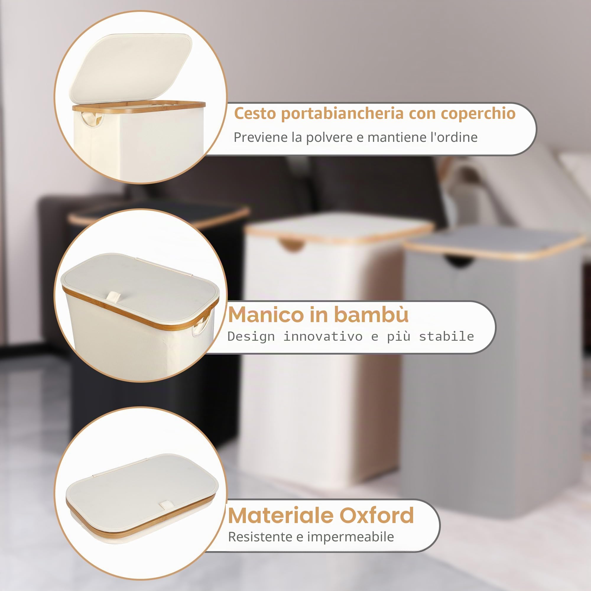 iEGrow Cesto portabiancheria alto da 60 l, con sacchetto interno rimovibile e lavabile, cesto sottile con coperchio e manico in bambù, per lavanderia, camera da letto, bagno (beige)