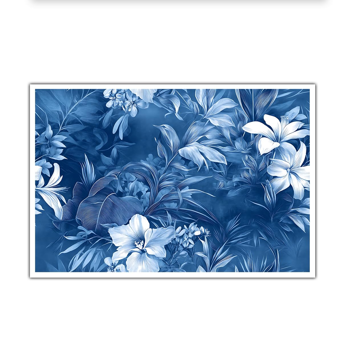 CHERHERART Art mural en toile florale tropicale bleue motif de feuilles bleu marine affiches imprimées pour la salle de bain décoration de chambre toile botanique 85x140cm sans cadre