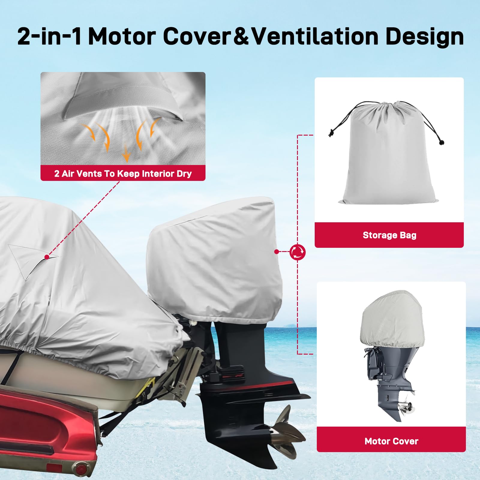 Copertura resistente in tela 800D per barca – impermeabile, adatta per barca a V con scafo a V da 40,6 a 45,6 cm, grigio con copertura motore