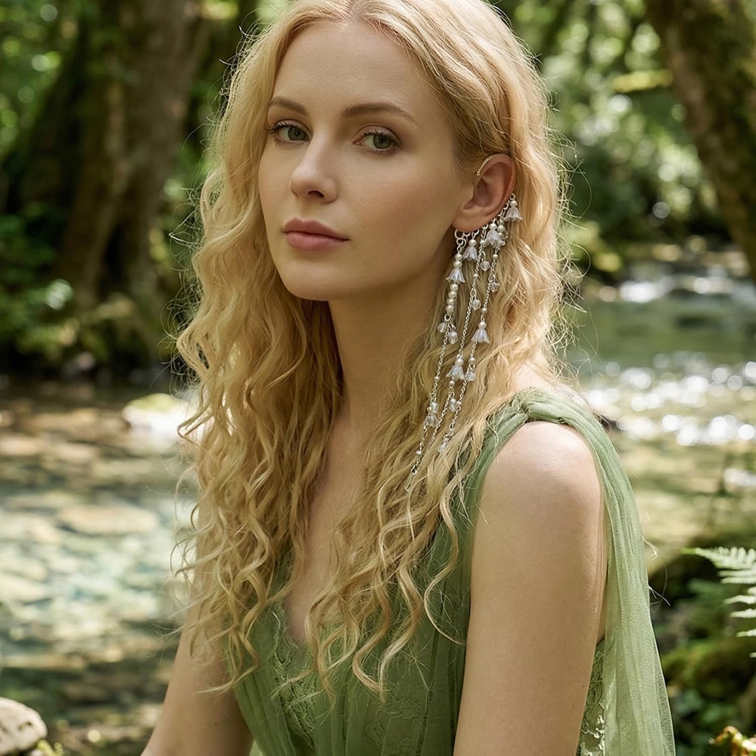 FRESHME Fairy Ear Cuffs - Elf Ears Renaissance Accessories Non Pierced Elven Ear Wrap with White Lily of the Valley Tessel Renfaire Costume Adult Women Fantasy Cosplay Fairycore Prom Accessories
