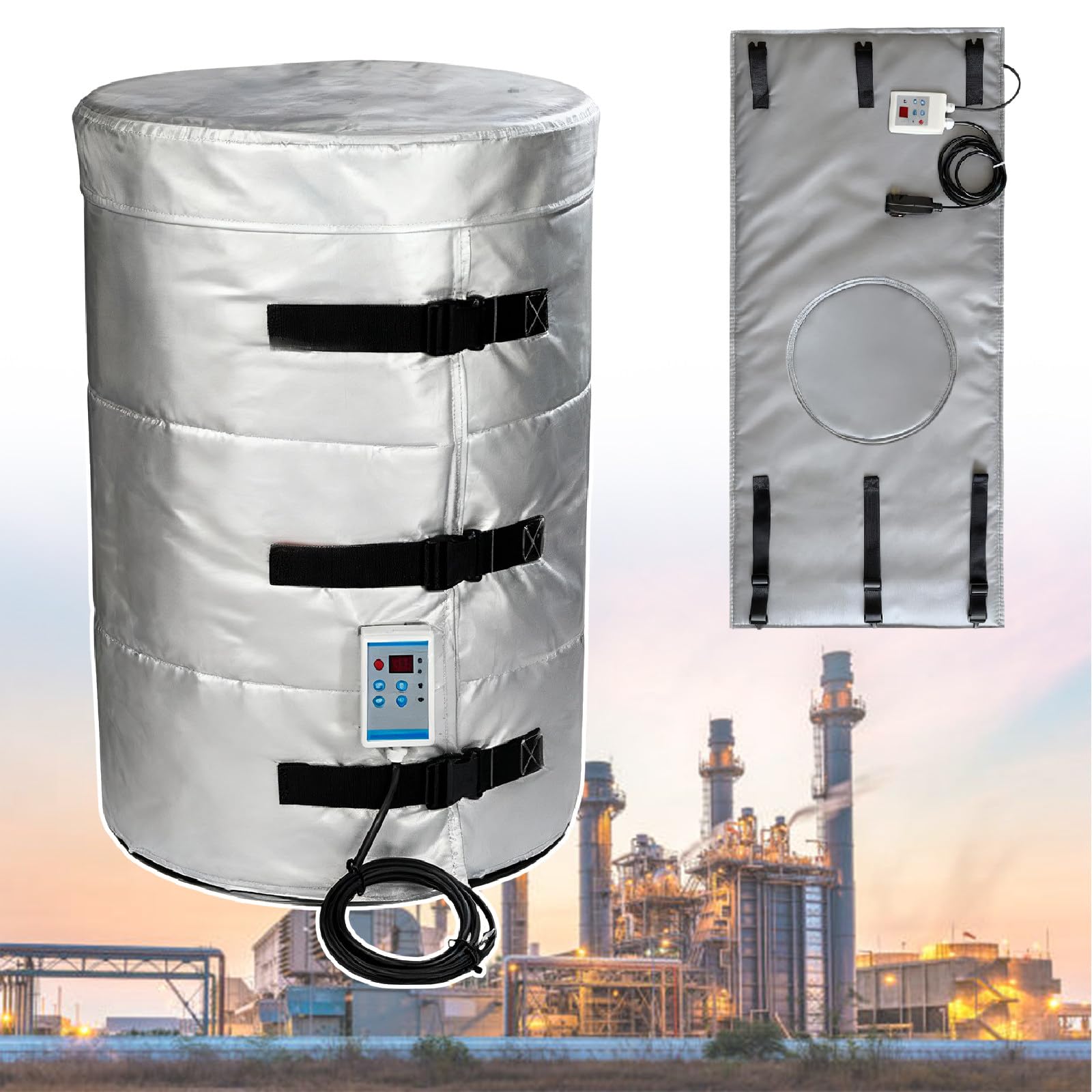 Koc Grzewczy do Bębna, Podgrzewacz Bębna 55 gal/200 L, 248℉ Regulowany Podgrzewacz do Baniaków Olejowych, Ogrzewacz Cylindrów z Tkaniny Oxford, Ocieplany Grzejnik Taśmowy z Termostatem Grey