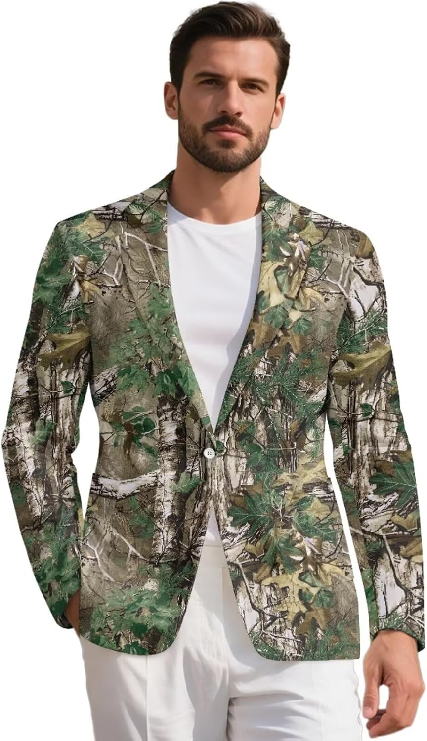 TOADDITDO Camo Tree Leaf Print Men's Sport Coats Blazers Casual One Button Business Suit Jacket