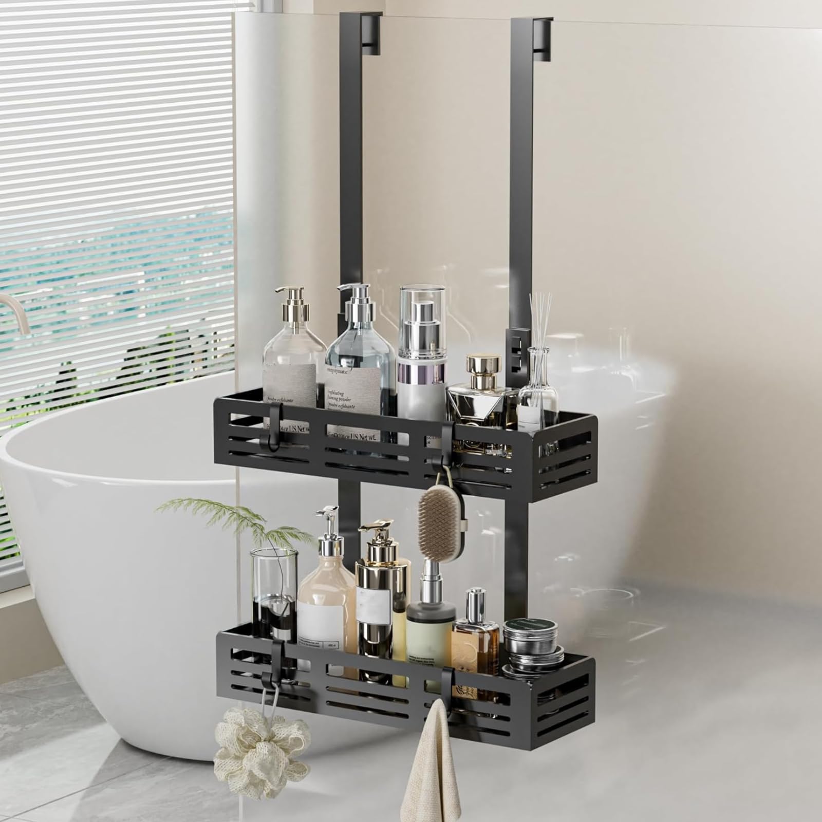 Hawsam Duschablage zum Hängen, Duschregal Ohne Bohren mit 2 Duschkörben und 4 Haken für die Aufbewahrung von Shampoo und Duschgel im Badezimmer, Schwarz Küche, Haushalt & Wohnen