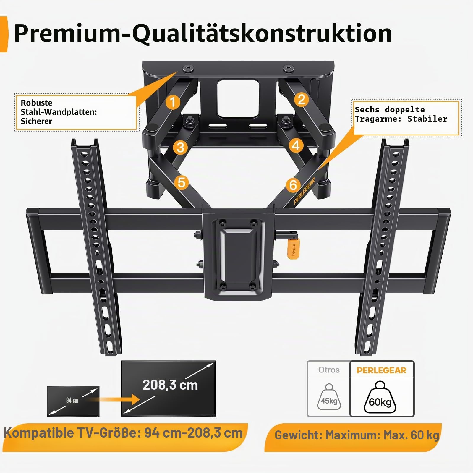 Perlegear TV Wandhalterung Schwenkbar, Ausziehbare Neigbare TV Halterung für 37-82 Zoll Flach & Curved Fernseher bis zu 60kg, Wandhalterung Fernseher max.VESA 600x400mm