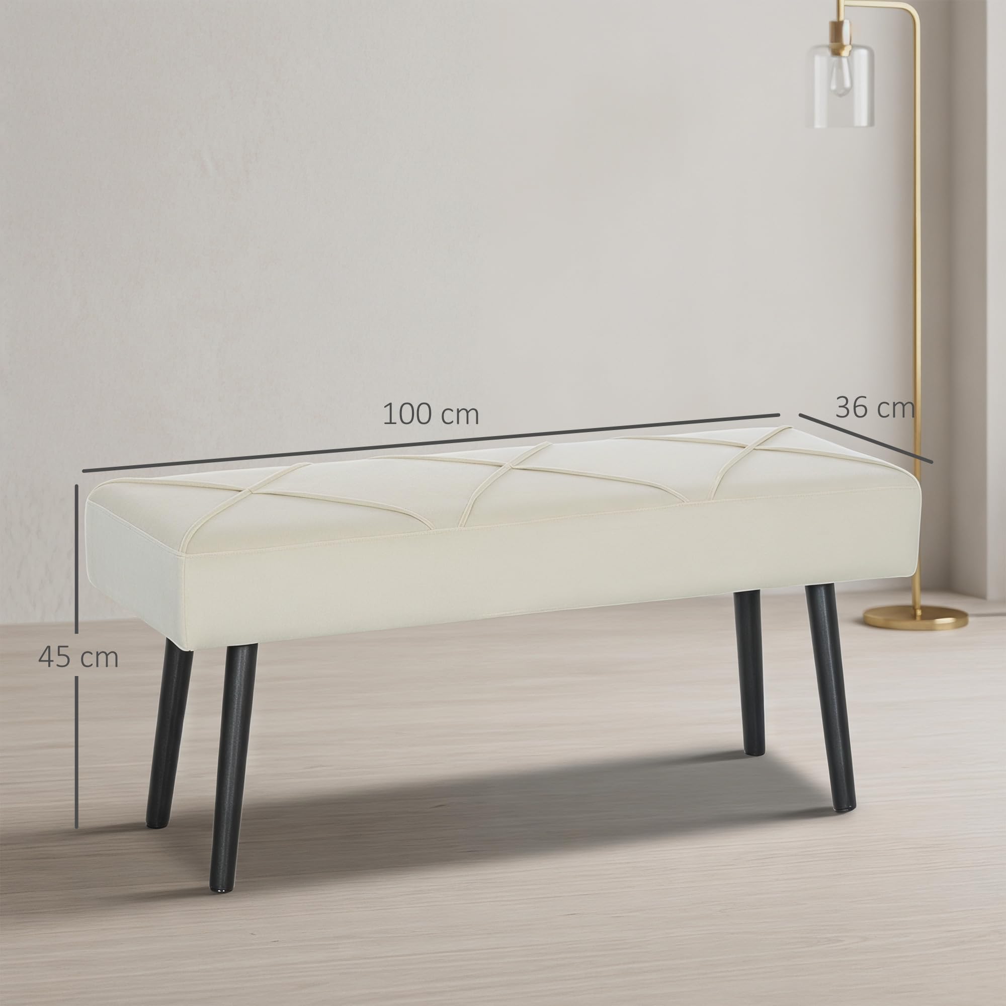 HOMCOM Sgabello multifunzionale, sgabello moderno, panca da letto con sedile imbottito e gambe in acciaio, carico 120 kg, per ingresso, corridoio, soggiorno, 100x36x45 cm, bianco crema