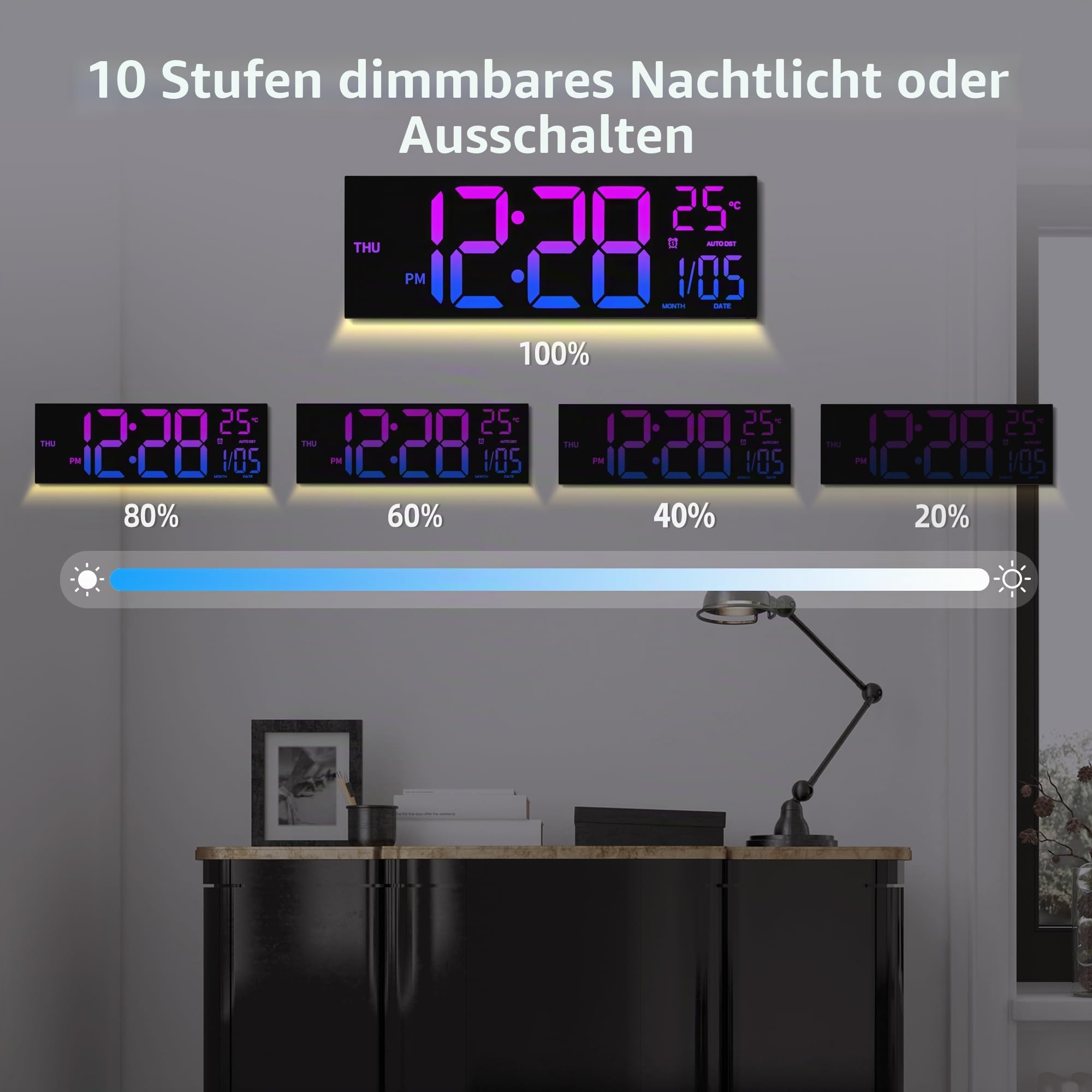 Wanduhr Digital - 8 Farben Digitale Wanduhr 16,2" Große Digitale Uhr mit Temperatur, Datum, Nachtlicht, Automatische Helligkeitsregelung, 24/12-Stunden für Wohnzimmer Büro Fitnessstudio