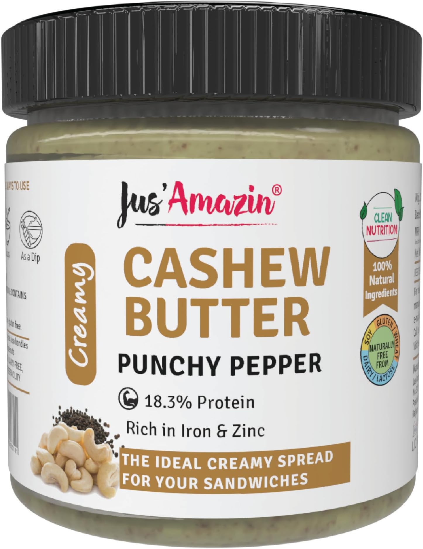 Jus' Amazin Creamy Cashew Butter – Punchy Pepper (200g) | 18% Protein | Plant-Based Nutrition | Zero Chemicals | Dairy-Free | 100% Natural