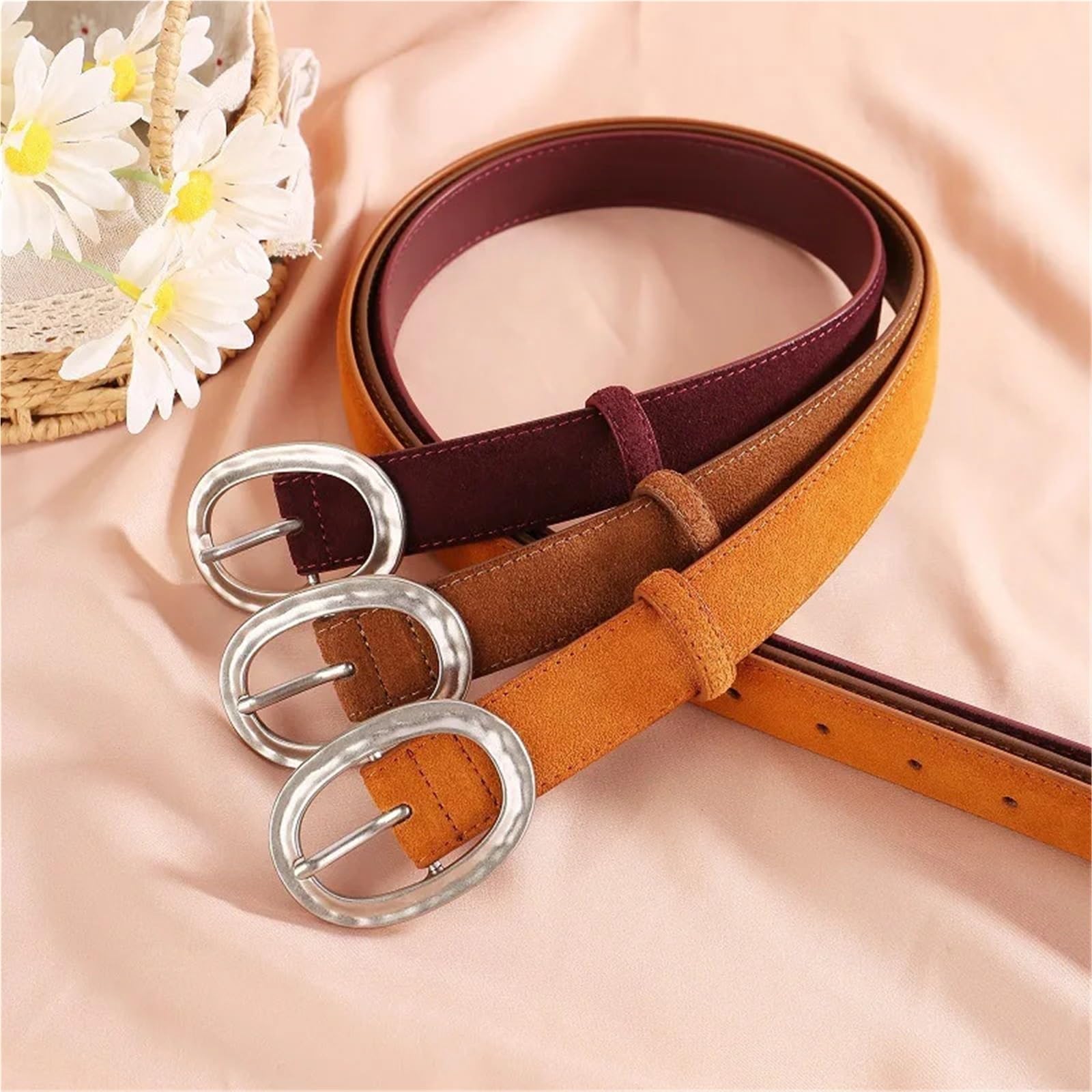 2 cinturones de cuero con hebilla para mujer, terciopelo de vaca esmerilado, versátil, decorativo, traje de mezclilla para mujer