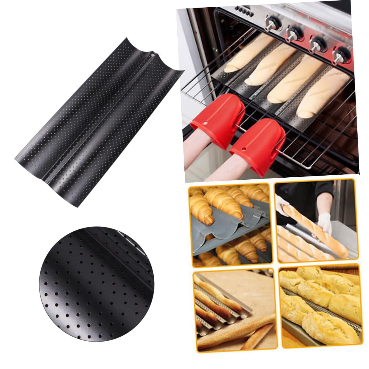 COLLBATH Non-stick Baking Tray for French Bread Wavy Slot Design Baking Mold for Home Kitchen and Restaurant Black