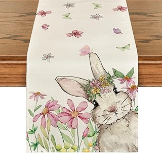 Flowers Leaves Rabbit Butterflies Easter Table Runner, Seasonal Spring Kitchen Dining Table Decoration for Home Party Decor 40x180 cm