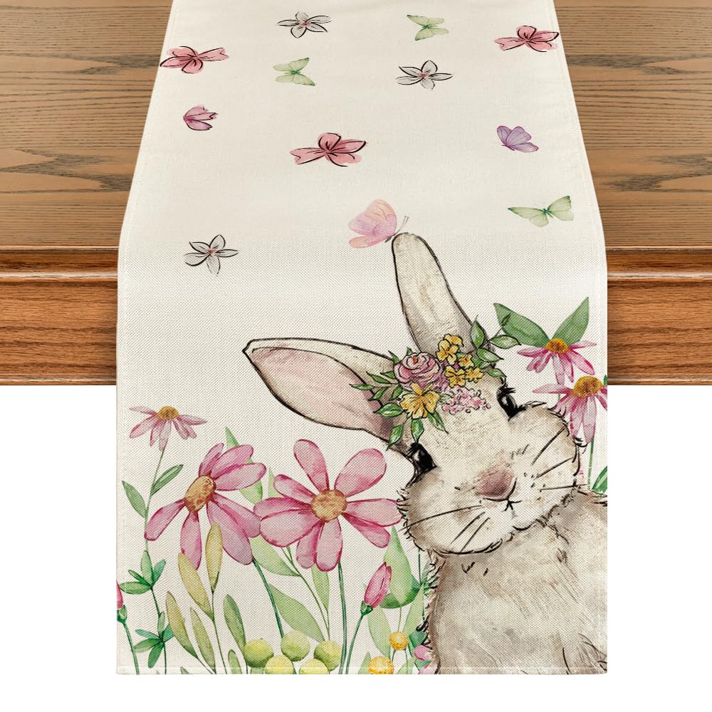 Artoid Mode Rosa Blumen Hase Ostern Tischläufer, Saisonnal Frühling Waschbar Küche Esstisch Dekoration Drinnen Urlaub Party Dekor 40x300 cm