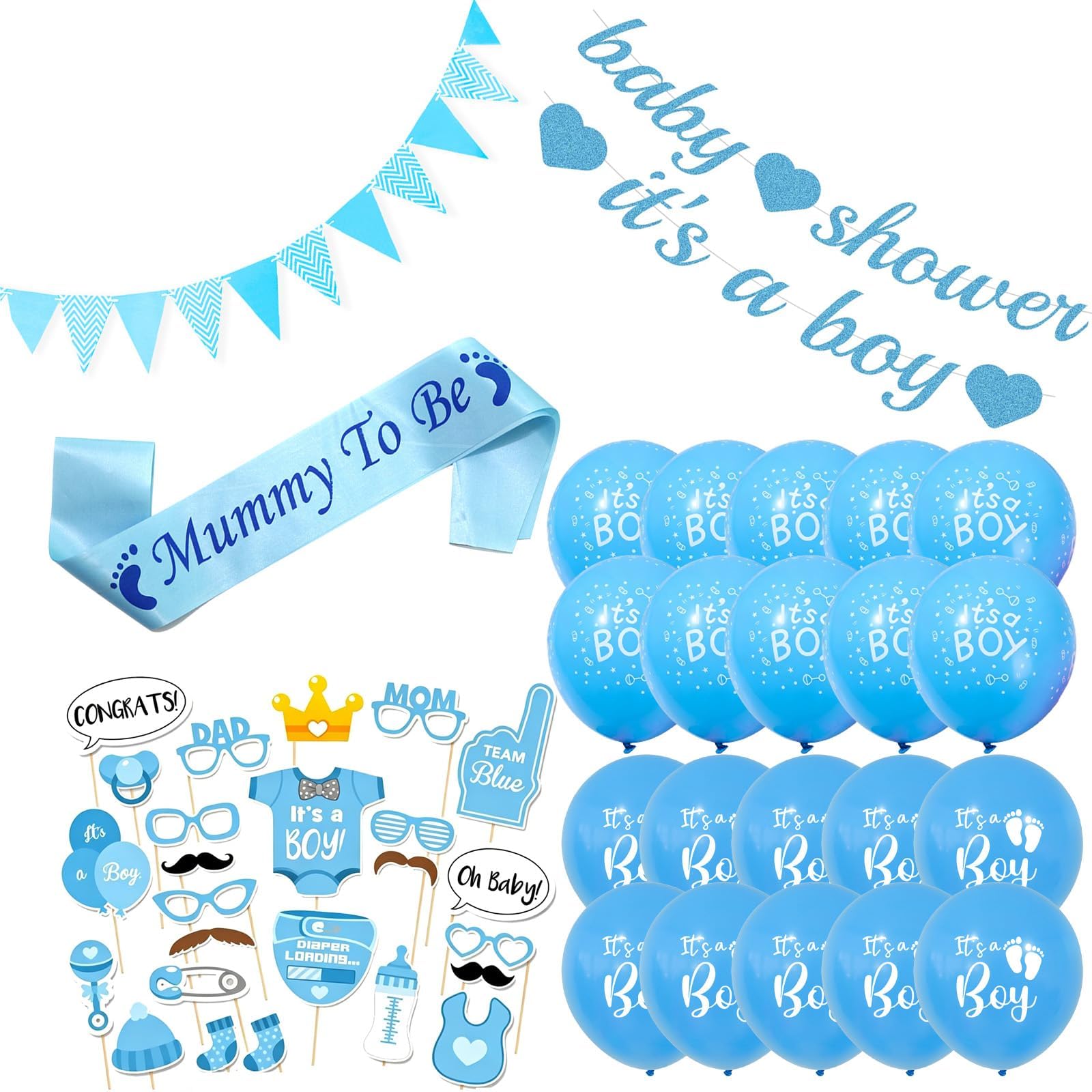 48pcs Baby Shower Decorations Boy, Baby Shower Balloons Mummy to Be Sash