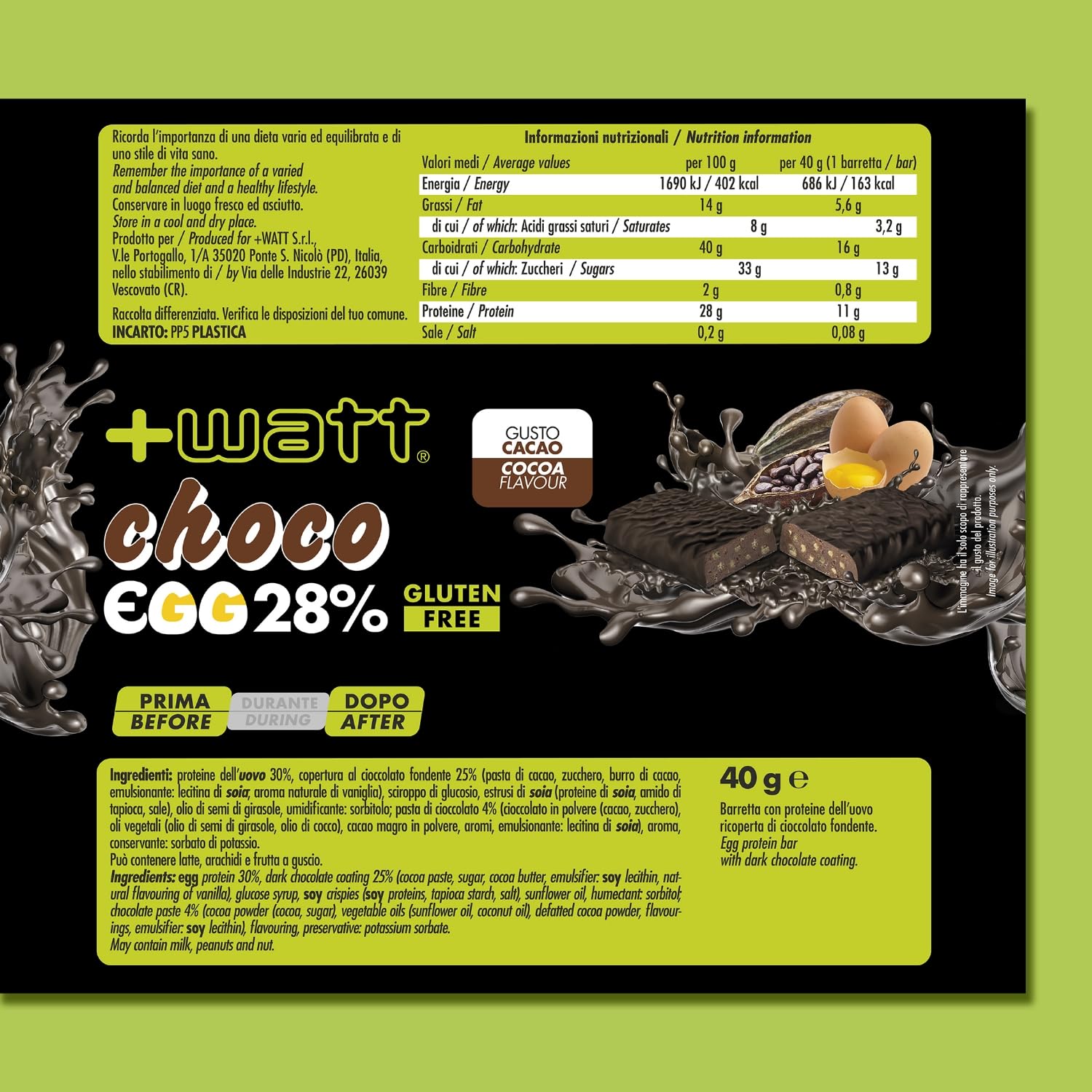 Choco Egg 28% - Barretta a Base di Proteine dell'Uovo Ricoperta di Cioccolato - BOX 40 g x 24 Barrette