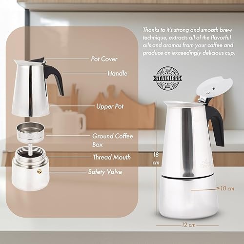 Miniatura 8 de Any Morning Máquina de café expreso con parte superior para estufa, olla de moka, cafetera italiana, cafetera percoladora de acero inoxidable, 4
