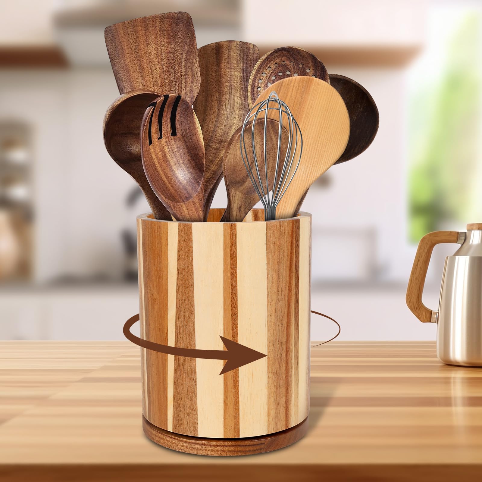 Nzwbshssp Brown Wooden Utensil Holder, 360°Rotating 7.3'' Large Cutlery Holder For Kitchen Counter, Kitchen Cutlery Organizer Wooden Cooking Utensil Crock Farmhouse Countertop Decor(Brown)