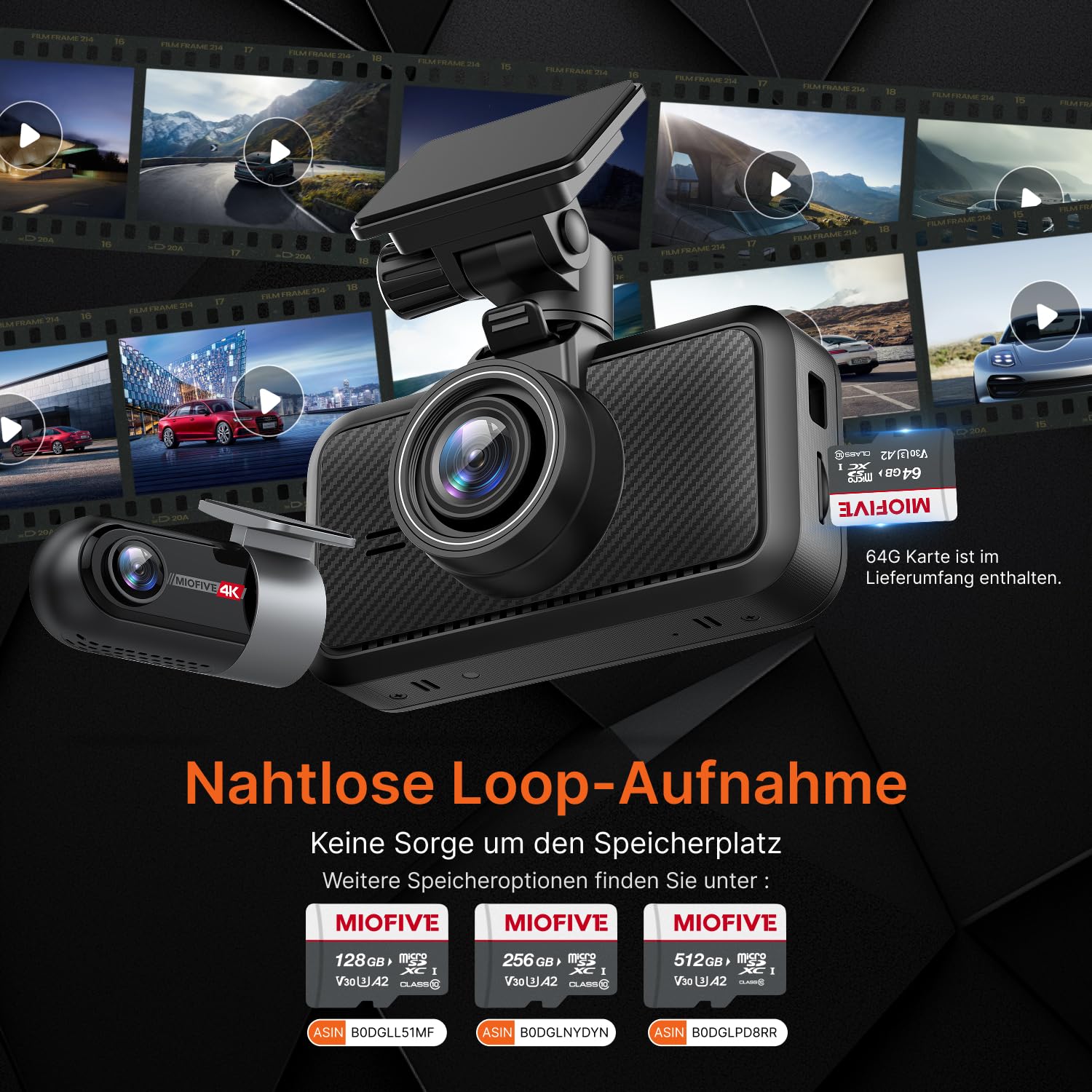 Miofive 4K/4K Dashcam Auto Vorne Hinten, GPS, 5.8GHz Wi-Fi, Dual Auto Kamera mit Nachtsicht, kostenlose 64-GB-Karte, 3-Zoll-IPS-Display,Loop-Aufnahme, HDR, APP Steuerung, Support 512GB Max