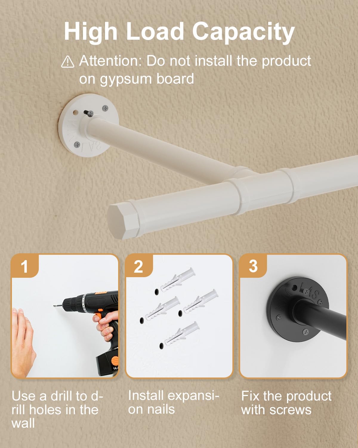 GUOHNEH 211 cm Tubo Appendiabiti Industriale, Attaccapanni da Muro, Barra dei Vestiti in Ghisa Malleabile, Adatto per Camere da Letto, Soggiorni, Armadi, Set da 1, Crema, SG211W-1