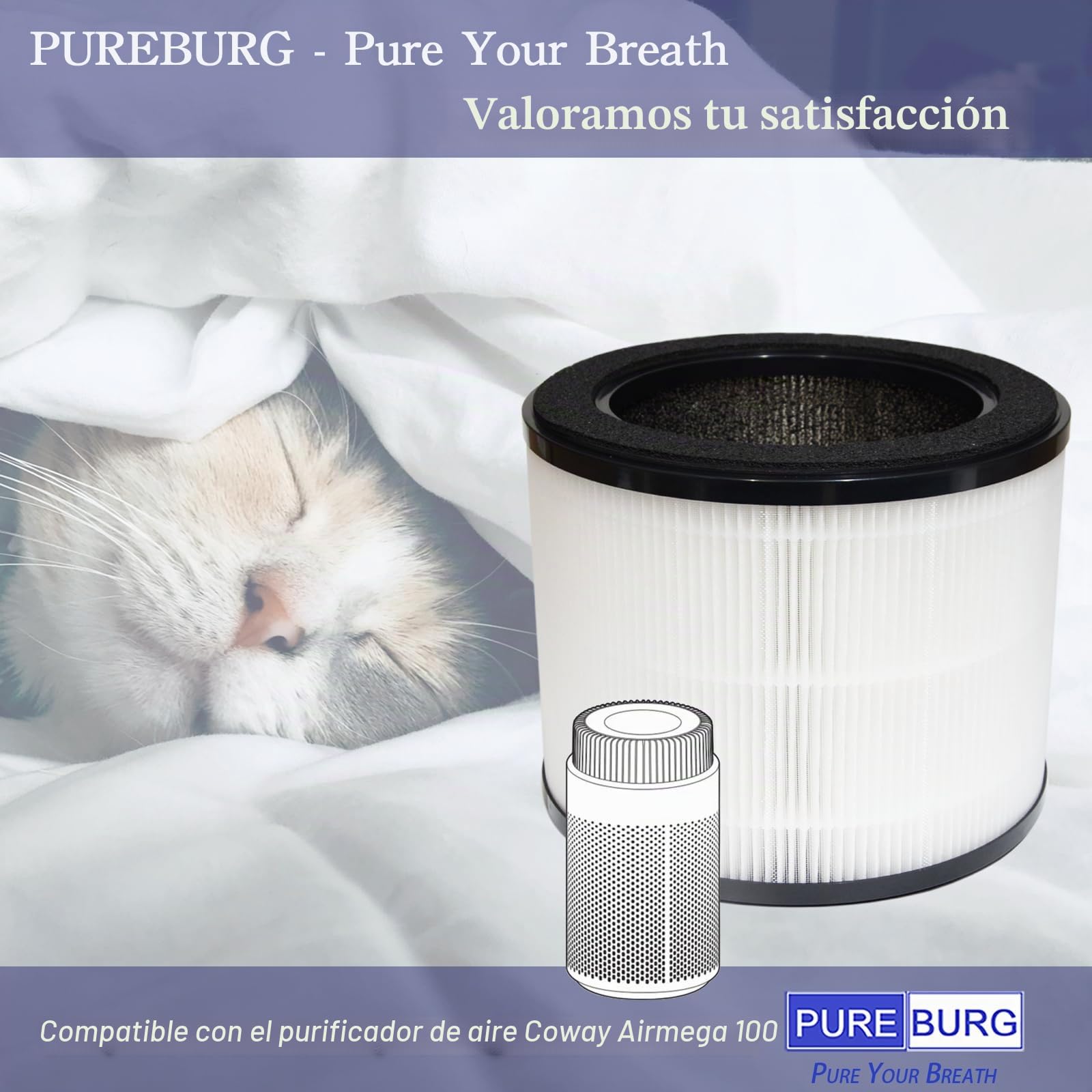 PUREBURG AIRMEGA 100 - Filtro de repuesto compatible con el purificador de aire Coway Airmega 100, carbón activado por filtración H13 de 3 etapas, paquete de 2