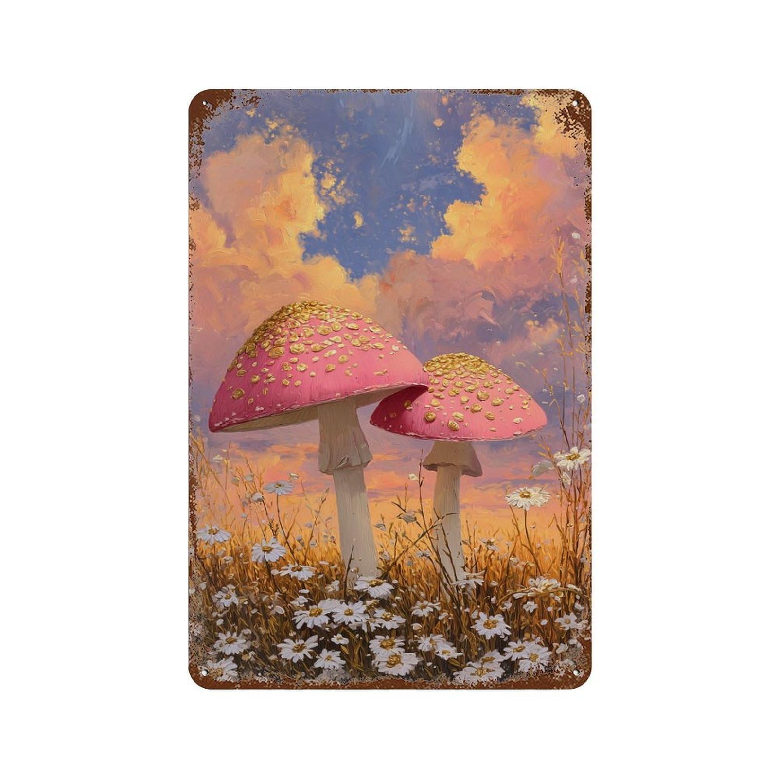 Enchanted Mushroom Field Sunset Rust Effect Tin Sign 11.8"x7.9", Novelty Wall Decor for Patio, Garden Room And Bar Decor