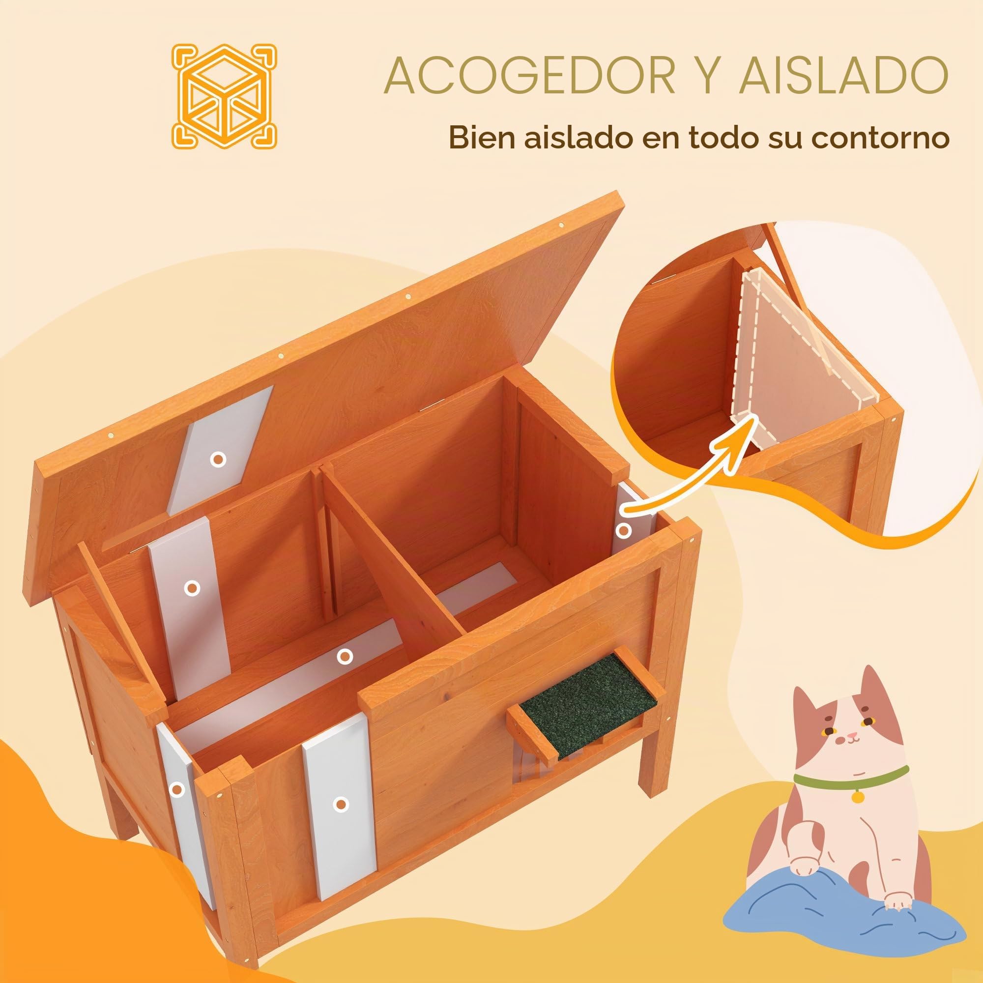 PawHut Casa de Madera para Gatos, Cueva Exterior Aislada Con Cortina en la Puerta, Casita para Animales en Diseño Elevado, para Jardín, Balcón, Naranja, 60 x 60 x 81,5 cm | Caseta para gatos con techo de asfalto, patas de suelo, cueva para gatos, para ext