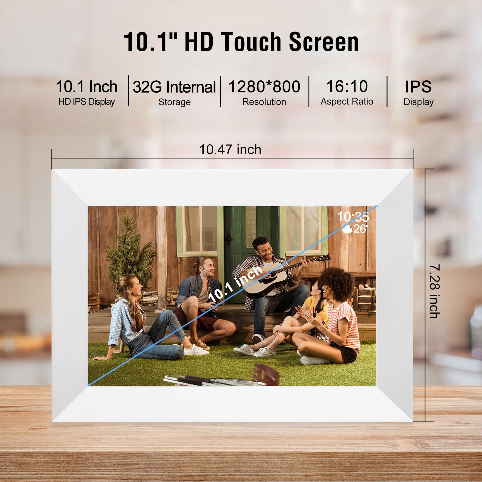 Cornice digitale WiFi da 10,1 pollici, display HD touch screen IPS 1280 x 800, cornice digitale intelligente integrata da 32 GB di memoria, rotazione automatica, condividi foto e video tramite l'app