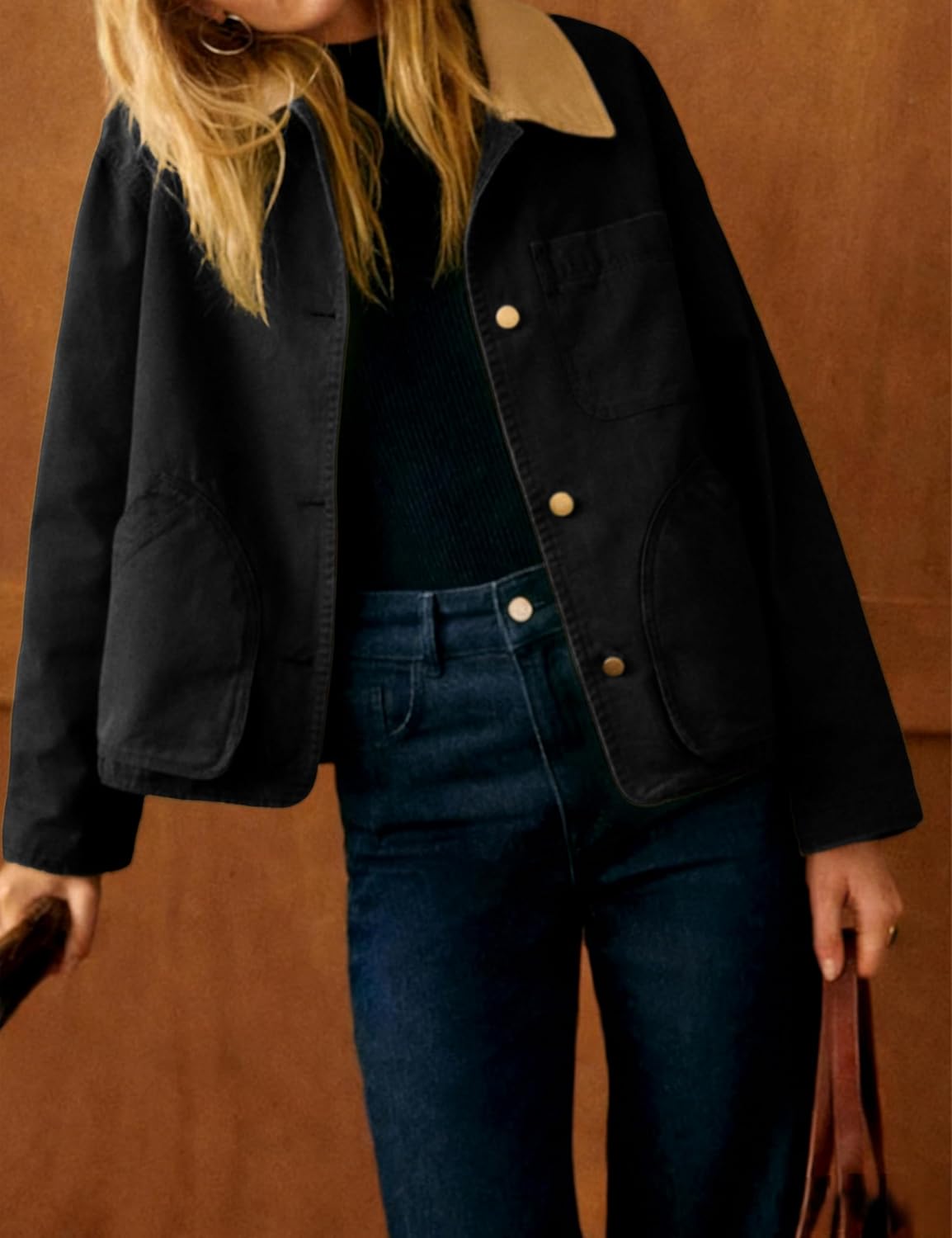 Yeokou Womens Casual Jacket Crop Barn Trench Coat Long Sleeve Button Down Oversized Jacket with Pockets Outerwear - Image 2