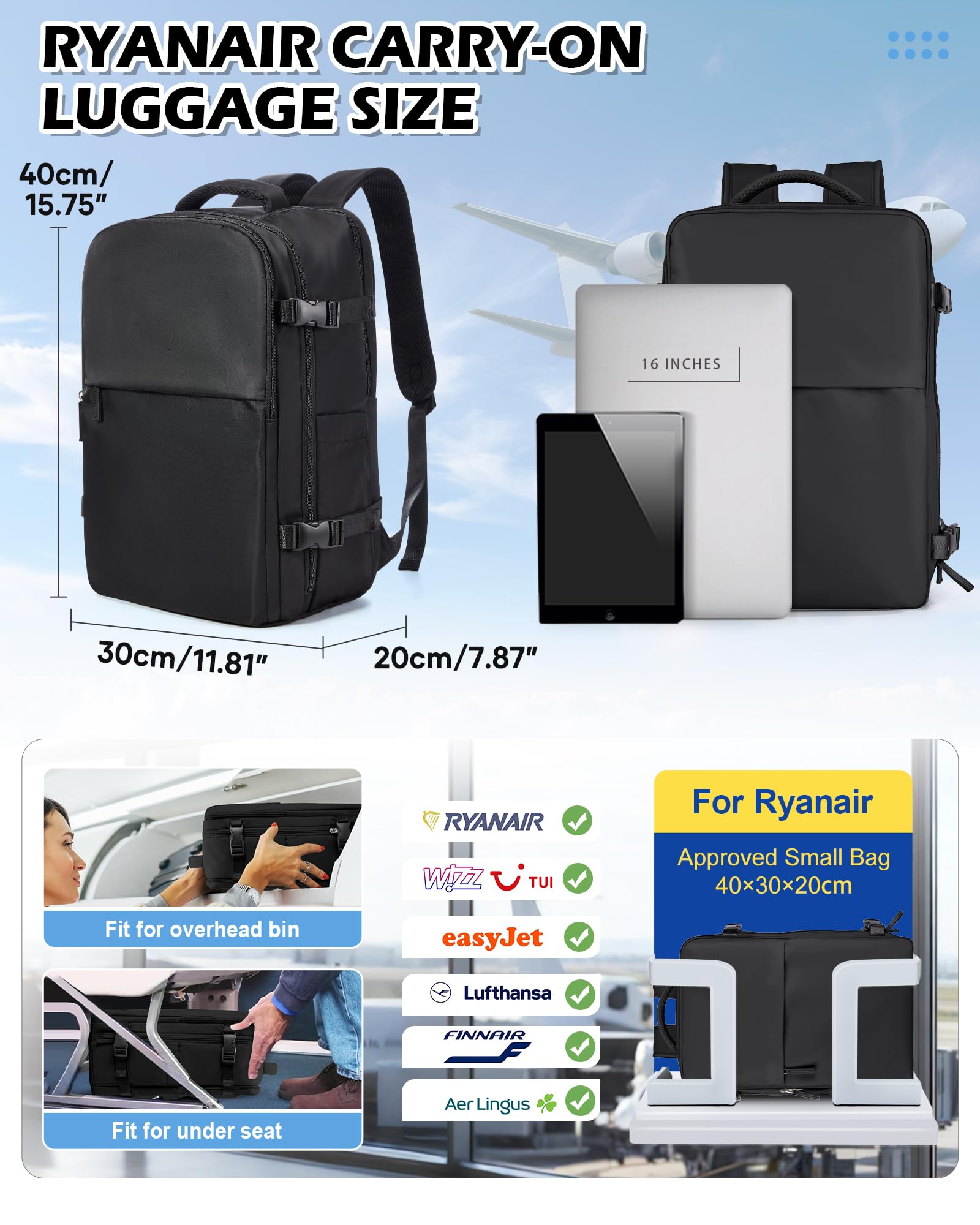 BJLFS Zaino da Viaggio con Sottovuoto Ryanair 40x30x20 Wizzair Bagaglio a mano 40x20x25 Ryanair con Pompa Borse da Cabina per Easyjet 45x36x20 con compressione sottovuoto,Zaino Casual per Laptop