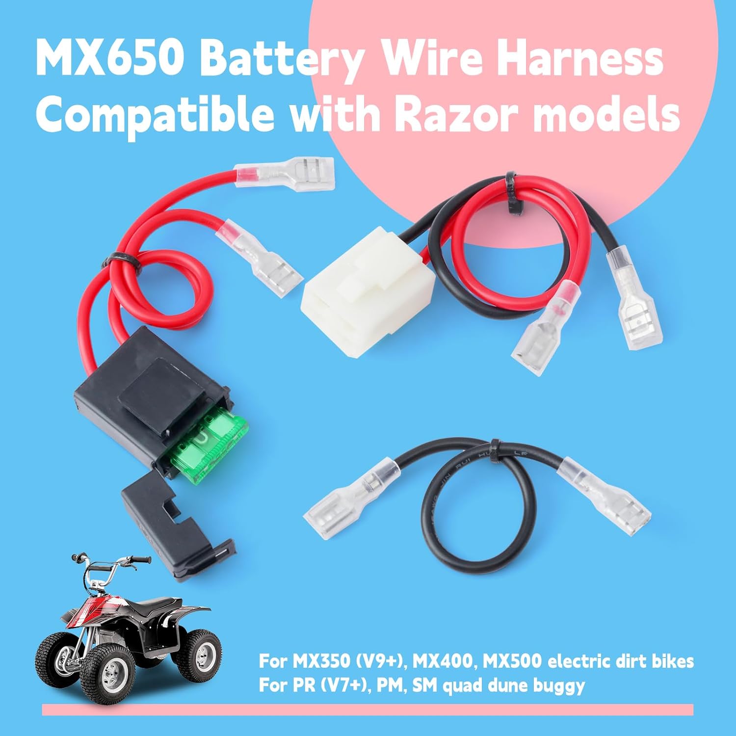 MX650 Battery Wire Harness 14 Gauge Compatible with Razor MX350 MX400 MX500 Electric Dirt Bikes PR PM SM Quad Dune Buggy, 4 Holes, 3 Wire Plug