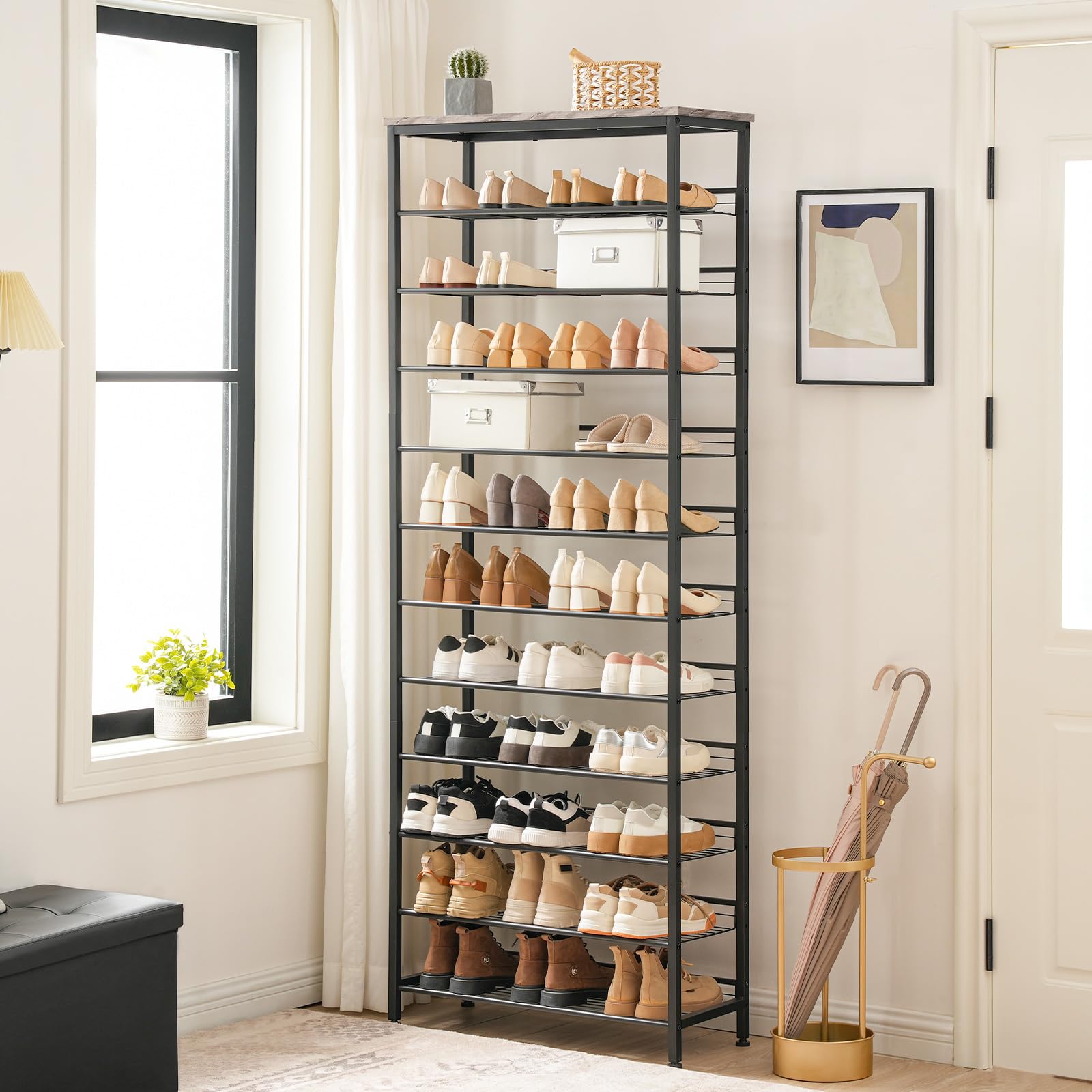 HOOBRO Grande Étagère à Chaussures, Porte-Chaussures à 12 Niveaux, Meubles à Chaussures, Gain de Place, Cadre en Métal, pour Entrée, Armoire, Salon, Couloir, Noir et Gris EBG51XJ01