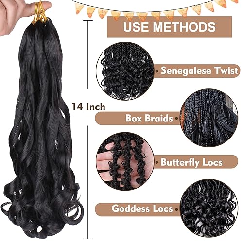 Miniatura 5 de COOKOO 2 paquetes de cabello rizado francés de 14 pulgadas para trenzas de caja de diosa con extremos rizados ondulados, color negro natural,
