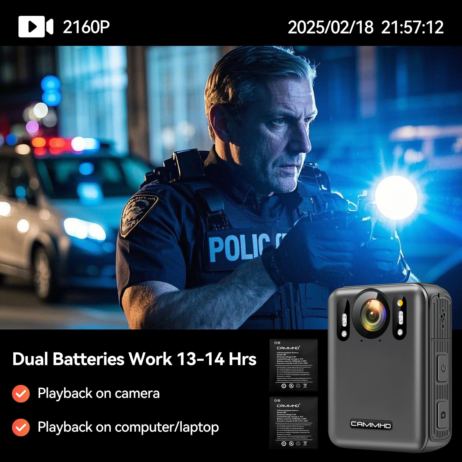 CAMMHD W8-128GB 4K Anti-Shake Body Cam 2 baterías 4000mAh con 10 horas de grabación de vídeo, cifrado de datos coche Ultra HD visión nocturna Bodycam cámara corporal con estación de carga para