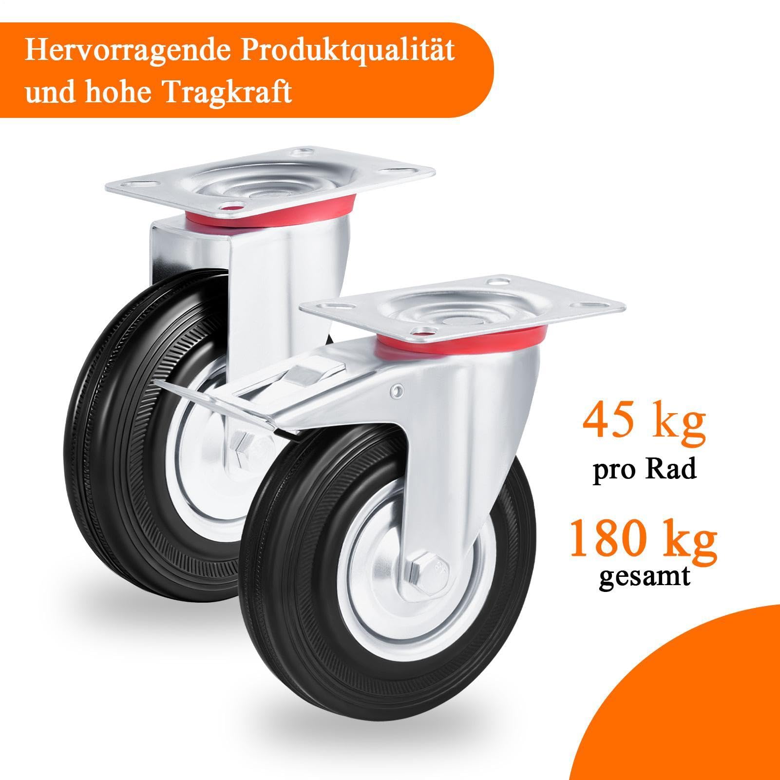 4er Set Schwerlastrollen Mit 2 Bremse, Transportrollen 75/100/125mm | Rollen Schwerlast Tragkraft 180/240/320kg, Lenkrollen Aus Vollgummi Und Lautlose, Schwerlast Möbelrollen Für Innen Und Außen
