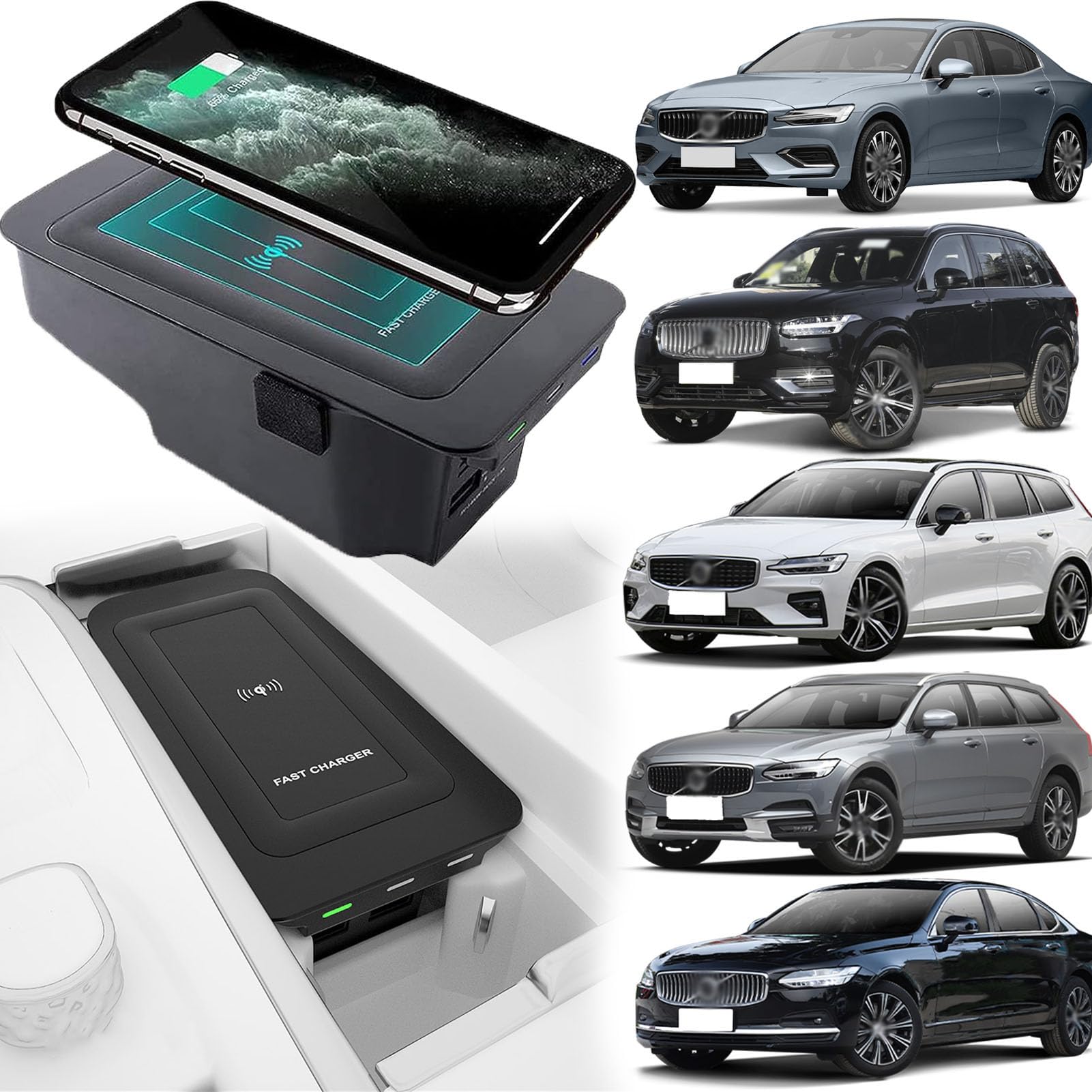 Caricatore Wireless Auto per Volvo S60 Xc60 V60 S90 V90 Xc90 (2015-2024) Tutti I Modelli con Sistema Di Raffreddamento A Doppio Canale D'Aria 15w Fast Charge Accessori Di Aggiornamento