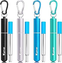 Kynup Reusable Metal Drinking Straw, 4 Pack Metal Collapsible Straw with Case, Keychain, Cleaning Brush, 6mm DIA, Length up to 23cm, Portable Travel Straw for Travel on the Go(Black-Silver-Blue-Green)