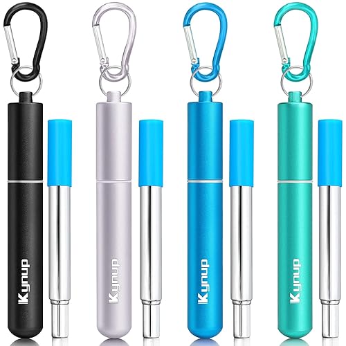 Kynup 4Packs Reusable Straws, Metal Straw with Silicon, Travel Drinking Straws with Metal Case, Keychain, Cleaning Brushes, Silicon Pcs Perfect for Travel, Gifts (20 PCS) Blue-Black-Silver-Turquoise - Blue-Black-Silver-Turquoise