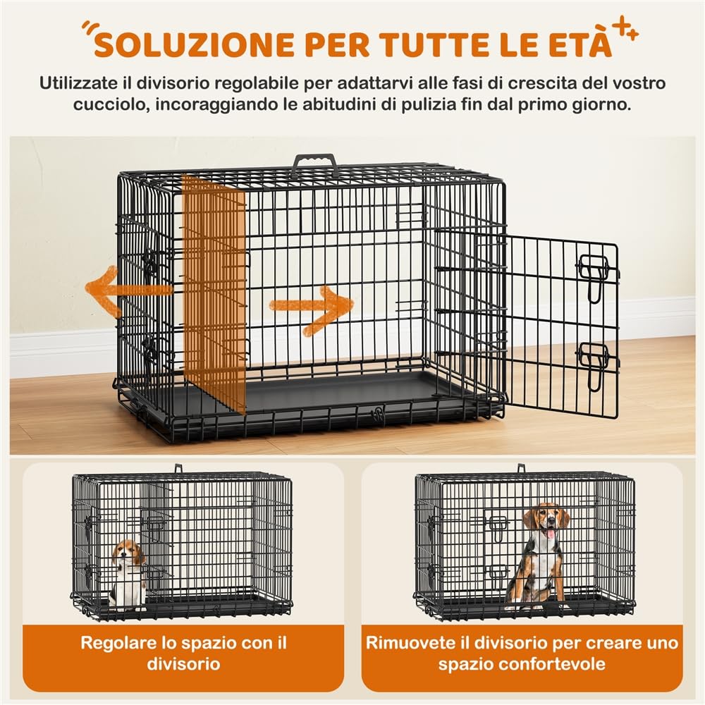 Yaheetech Gabbia per Cani Gatti Kennel in Metallo Cuccioli Pieghevole con Vassoio Rimovibile Doppia Porta e Divisorio Regolabile 92 × 56,5 × 63 cm Nero