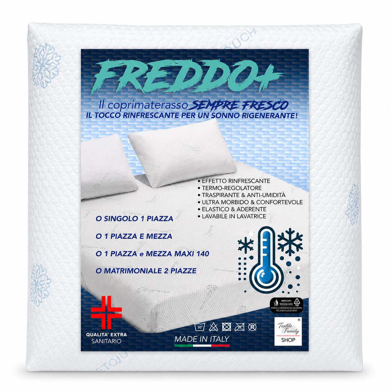 Coprimaterasso Rinfrescante Freddo+ Ice-Touch, Estivo, Termoregolatore, Traspirante, Anti-Umidità, Morbido, Elasticizzato - Singolo 80x200 cm H25