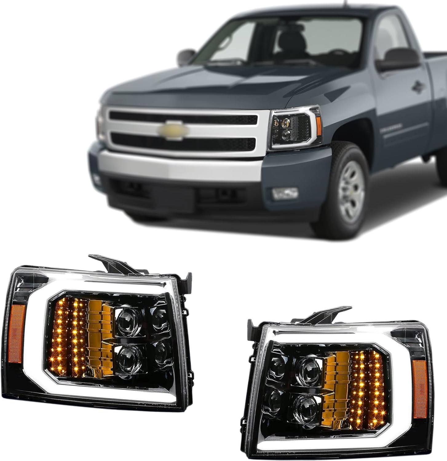 PZ Led Headlight Assembly Compatible with Chevy & GMC - Silverado 1500 2500HD 3500HD 2007-2014, Sierra 3500HD 2007-2014, Switchback Turn Signal, Clear Lens, Chrome Cover, Driver and Passenger Sides