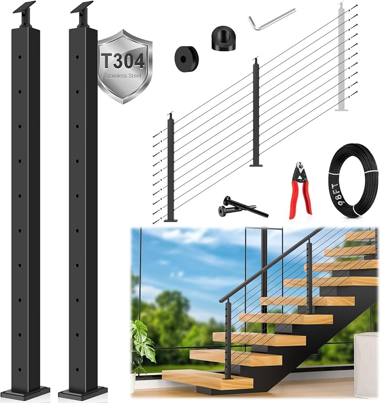 36" Modular 2-8FT Cable Railing Post Kit for Deck Surface Mount | 2 Stair Post Kit for 28-38° Stairway, 1/8" Wire Rope, Swage Cable Railing Kit, T304 Cable Railing System, No Handrail, Black