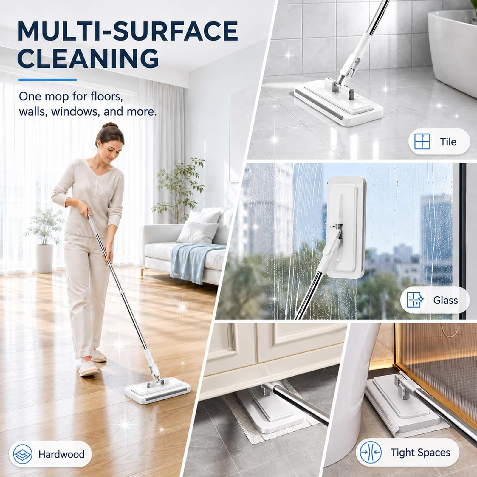 Mocio piatto multiuso a mani libere, mocio da pulizia a clip include 9 confezioni di panni umidi di ricambio, mini mocio con fibra a rotazione di 360 gradi per pavimenti in legno, piastre Length-95cm