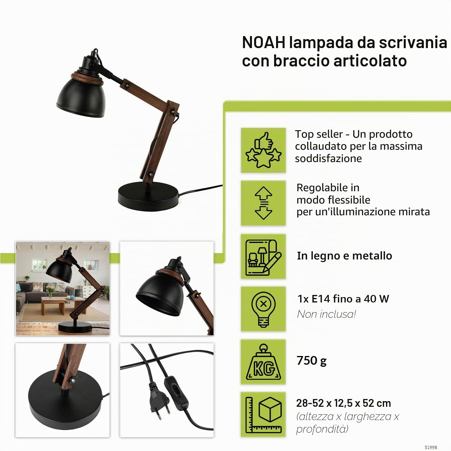 Easylight Originale Lampada da scrivania nera Noah regolabile dal design retrò in legno e metallo E14 ideale in ufficio, studio e salotto